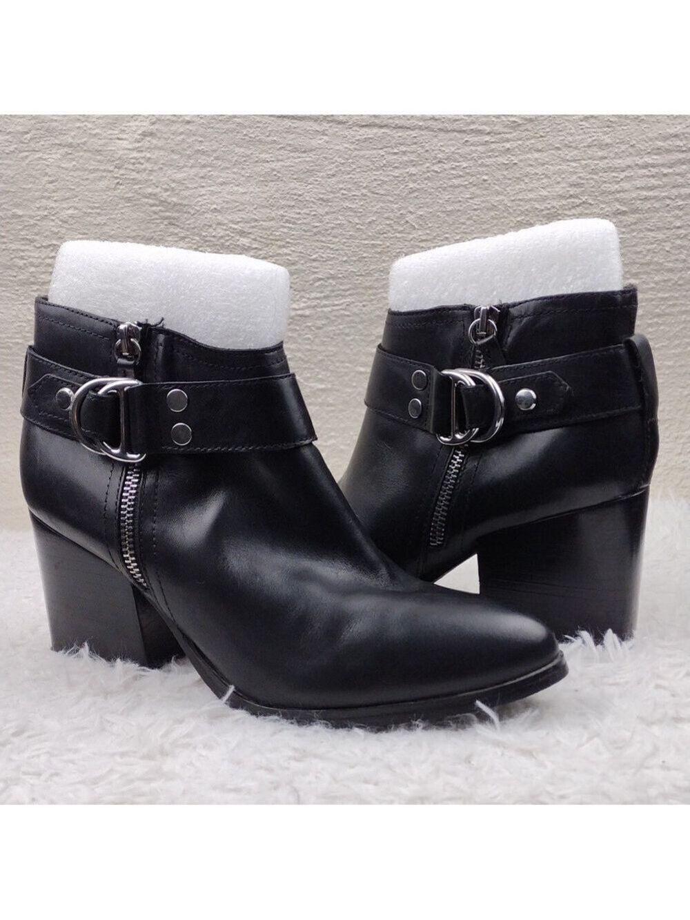 Marc Fisher Vanqar Black Leather Upper Pointed Toe Blocked Heel Moto Ankle Boot